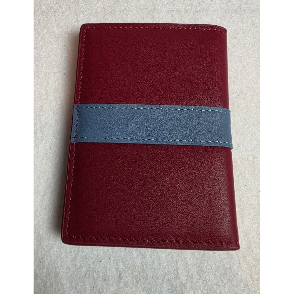 Rylor Leather Bifold Card Holder Wallet Burgundy Red Blue Stripe Minimalist New